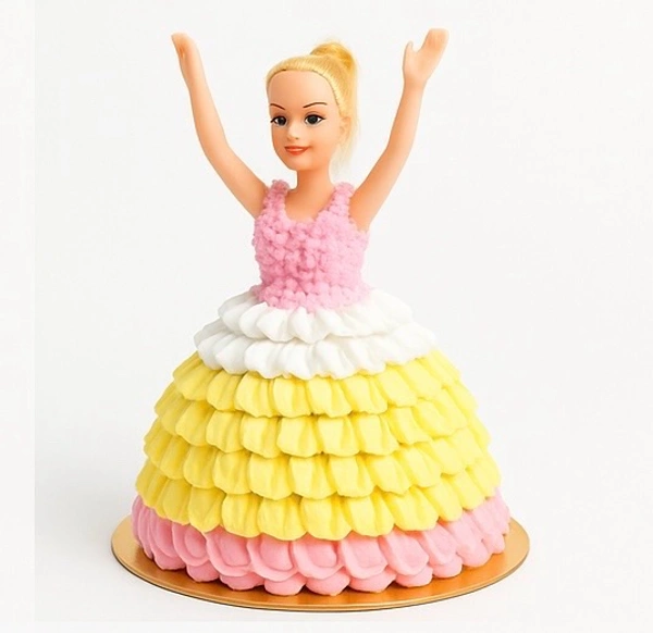 Wowkeet Doll Princess Cream Cake – Pink & Yellow Ruffle Design - 10–12 inches, 1.5 kg – 2 kg
