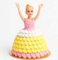 Wowkeet Doll Princess Cream Cake – Pink & Yellow Ruffle Design - 10–12 inches, 1.5 kg – 2 kg