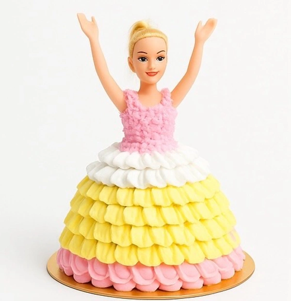 Wowkeet Doll Princess Cream Cake – Pink & Yellow Ruffle Design - 10–12 inches, 1.5 kg – 2 kg