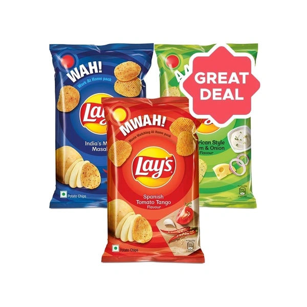Lays Lay's India's Magic Masala Potato Chips + American Style Cream & Onion Flavour Potato Chips + Spanish Tomato Tango Flavor Potato Chips Combo - 80 g + 80 g + 82 g, Chips