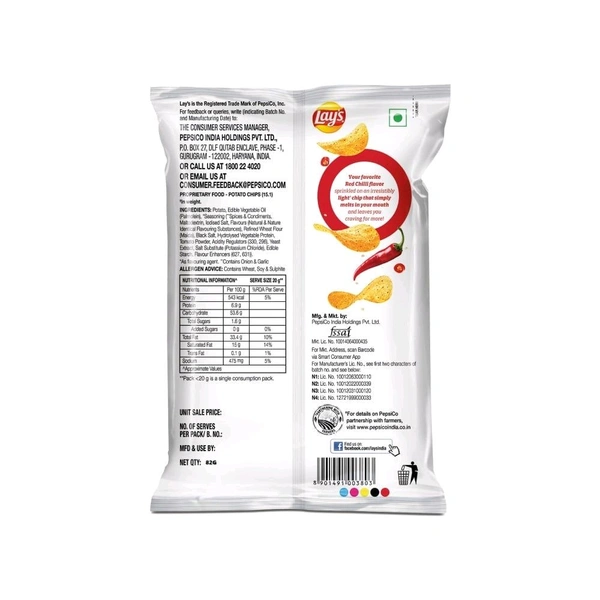 Lays Lay's Wafer Potato Chips (Red Chilli) - 82g, Chips
