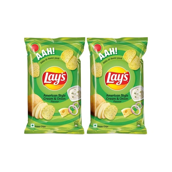 Lays Lay's American Style Cream & Onion Flavour Potato Chips - Pack of 2 - 2 x 80 g, Chips
