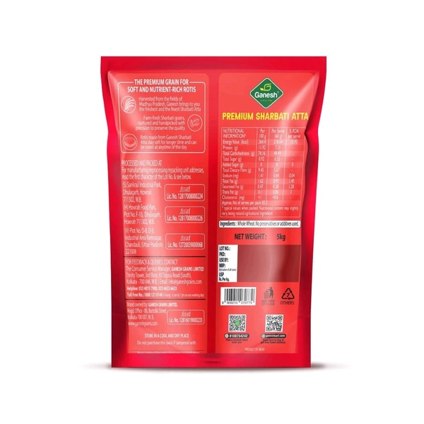 Ganesh Whole Wheat Premium Sharbati Atta - 5 Kg