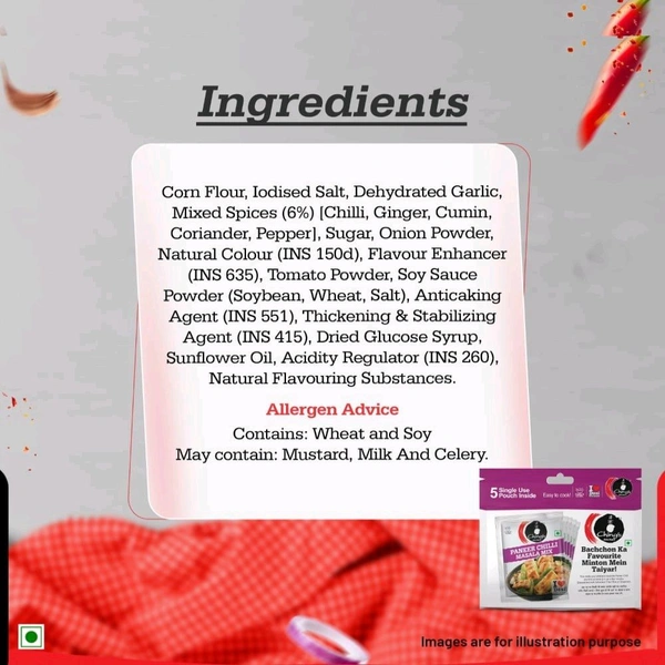 Ching's Secret Paneer Chilli Masala Instant Mix - 5 Single Use Pouches - 5 x 20 g