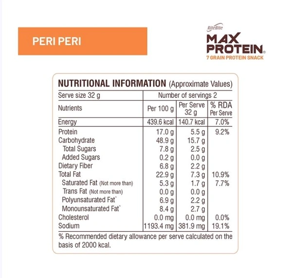 RiteBite Max Protein Peri Peri 10 g Protein Multigrain Chips - 3 x 60 g