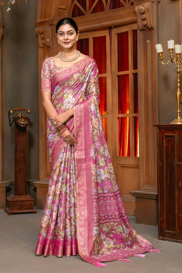 FABRIC :- PREMIUM KANJIVARAM JARI WEAVING WITH RICH JACQUARD WOVEN BORDER
DESIGN :- HIGH QUALITY DIGITAL PRINT WITH JARI WEAVING ON FULL SAREE
BLOUSE :- DIGITAL PRINT BLOUSE PIECE Same as Saree Fabric