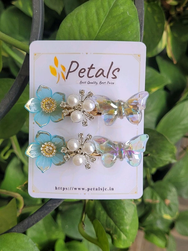 Korean Side Clips 1 Set (2Pcs) - Blue Color Flower Design - PKC016