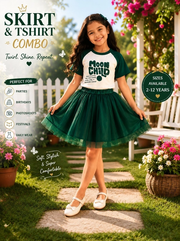 FASHIONIFYY TSHIRT and BOTTLEGREEN SKIRT - 5yr