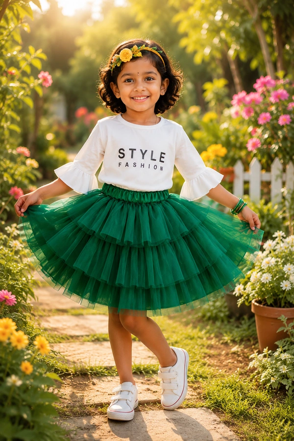 FASHIONIFYY BOTTLE GREEN RUFFLE Skirt - A448 - 5 YEARS, DARK GREEN, 1