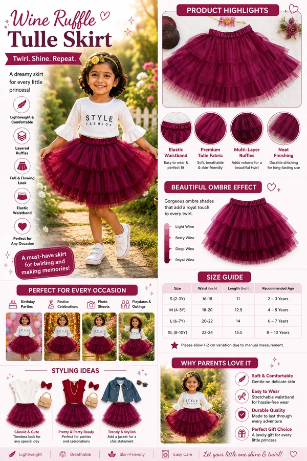 FASHIONIFYY Ruffle Skirt - Wine Colour with matching Hand accessory - 2 YR, WINE