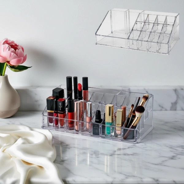 16 Cavity Cosmetic Organiser – Transparent Plastic Makeup Organizer Box with 16 Compartments for Jewellery, Lipstick, Nail Paint & Accessories (Pack of 1)