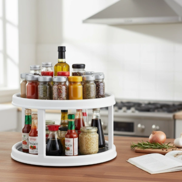 2 Tier Rotating Spice Rack Organizer | 360° Kitchen Storage Stand | Non-Slip Turntable for Kitchen, Bathroom & Cabinet Organization (Pack of 1)