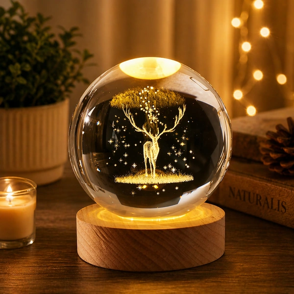 3D Crystal Ball Deer LED Lamp with Wooden Base Night Light