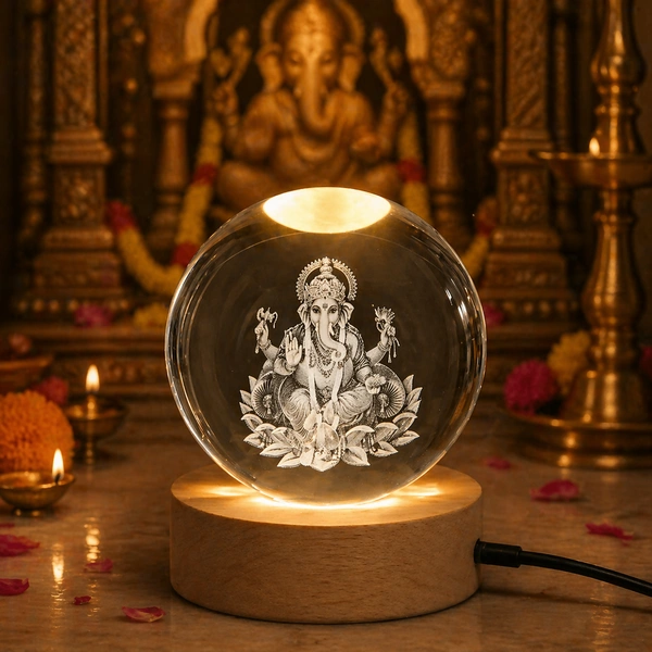 3D Crystal Ball Ganesha LED Lamp with Wooden Base