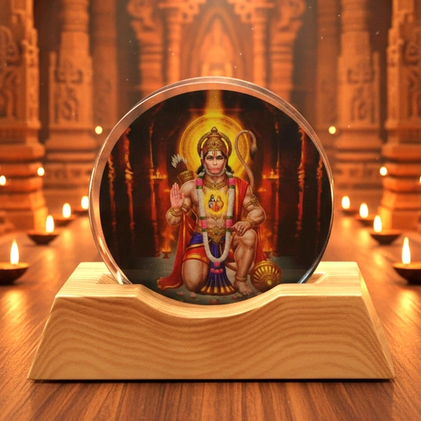 3D Hanuman Ji Acrylic LED Night Lamp with Wooden Base