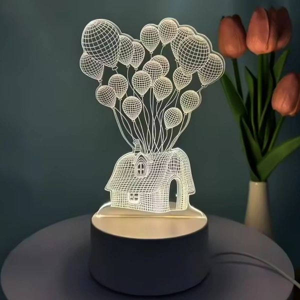 3D Illusion LED Night Lamp with House & Balloons Design