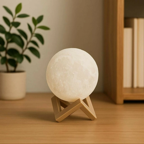 3D Moon Lamp with Plastic Stand – Warm LED Night Light for Decor