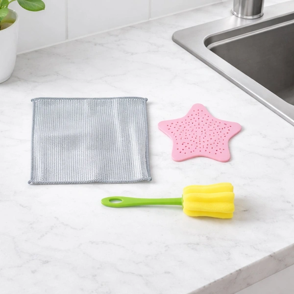 3-in-1 Kitchen Cleaning Set with Scrub Pad, Sink Strainer & Bottle Brush