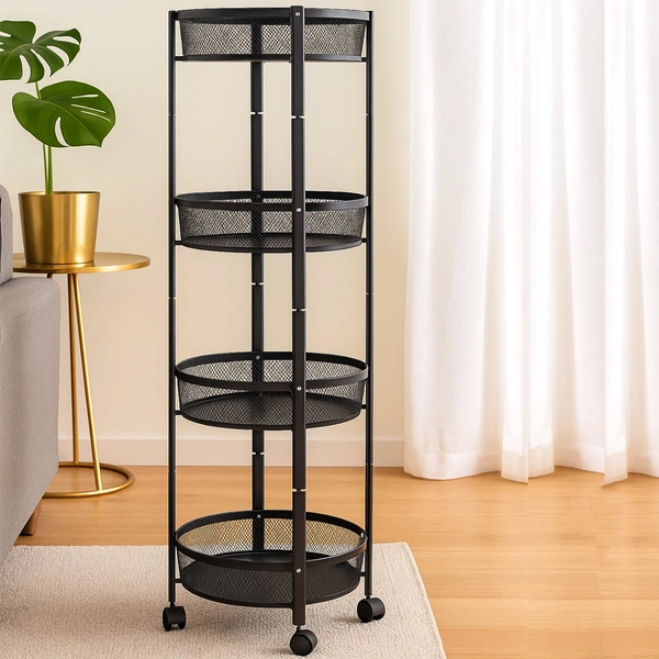 4-Layer Round Metal Folding Storage Trolley with Wheels