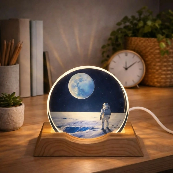 Astronaut Moon LED Night Light Lamp with Wooden Base