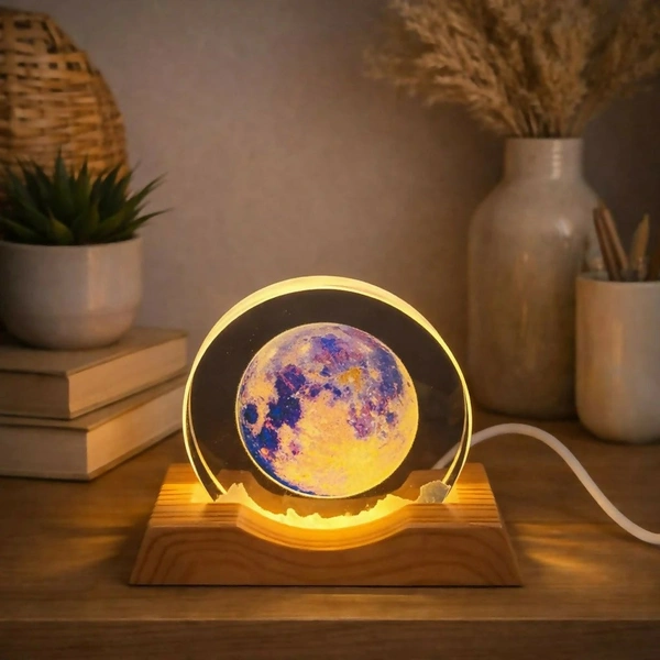 Astronaut Moon LED Night Light Lamp with Wooden Base