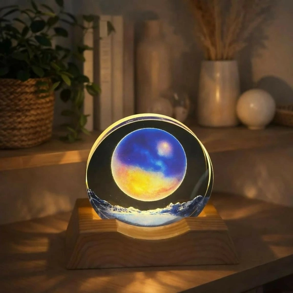 Astronaut Moon LED Night Light Lamp with Wooden Base