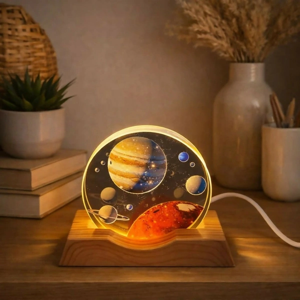 Astronaut Moon LED Night Light Lamp with Wooden Base