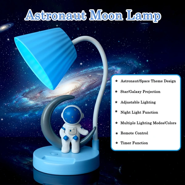 Blue Astronaut Moon LED Table Lamp - USB Rechargeable Night Light