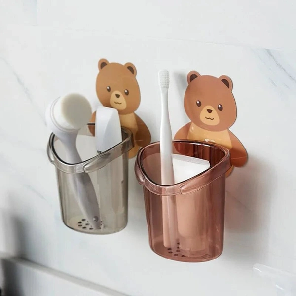 Cartoon Bear Self-Adhesive Toothbrush Holder – Wall Mounted Bathroom Organizer for Kids & Family (Random color-Pack of 1)