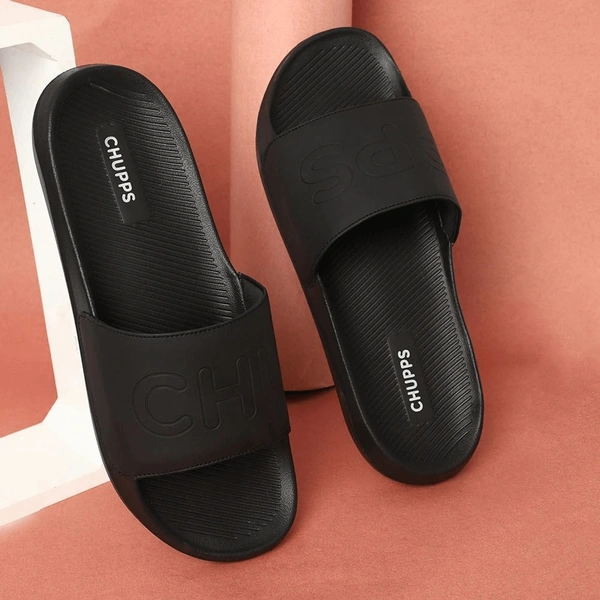 Chupps Men Pure Black Slides Slippers Soft FootbedLightweight Flip Flops For Slides