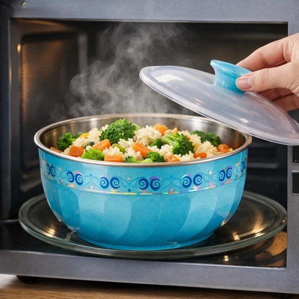 Festiva 1200ml Stainless Steel Bowl with Lid – Microwave-Safe Food Storage & Serving Bowl (Random Color-Pack of 1)