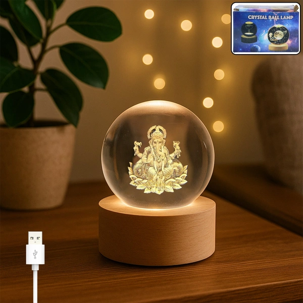 Ganpati 3D Crystal Ball Lamp with Wooden Base - Elegant Night Light