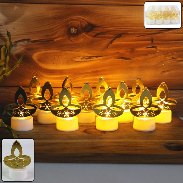 Golden Diya Shaped LED Tealight Candles - Set of 12