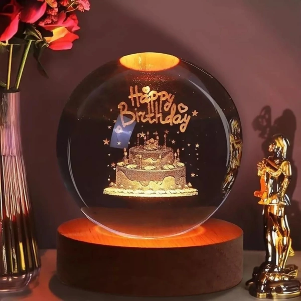 Happy Birthday 3D Crystal Ball LED Night Lamp with Wooden Base
