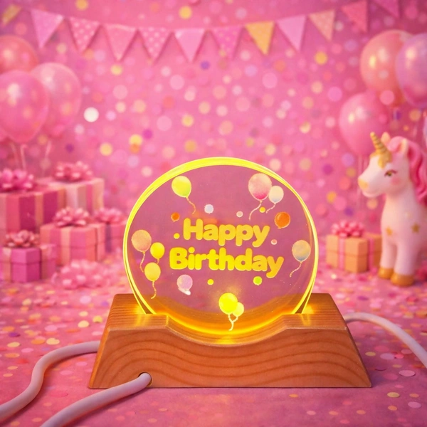 Happy Birthday LED Lamp with Balloon Design & Wooden Base