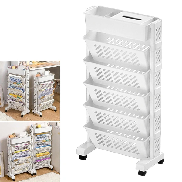 Large 5-Tier Movable Plastic Bookshelf with Wheels - Rotatable & Rolling Organizer