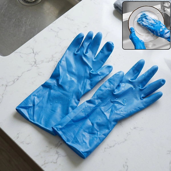 Large Blue Waterproof Rubber Cleaning Gloves - Reusable Pair