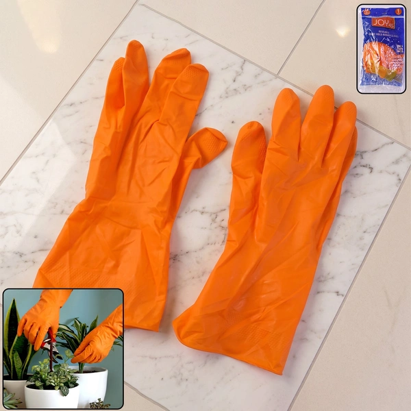 Large Orange Waterproof Rubber Cleaning Gloves - Reusable Pair