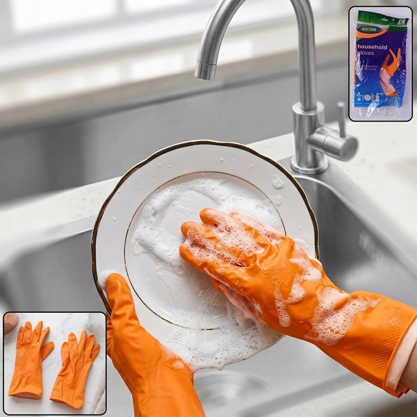 Large Victor Orange Reusable Rubber Cleaning Gloves - 1 Pair