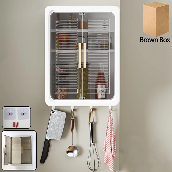 Large Wall-Mounted Kitchen Storage Cabinet with Sliding Doors & Hooks