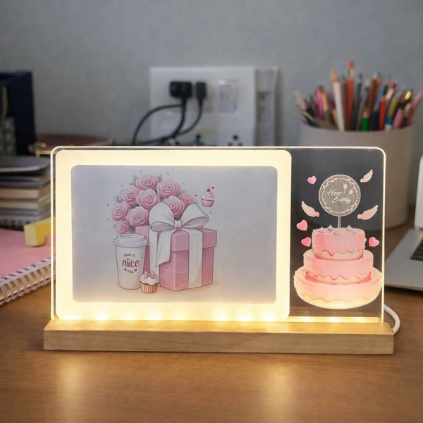 LED Birthday Photo Frame Lamp with Wooden Base