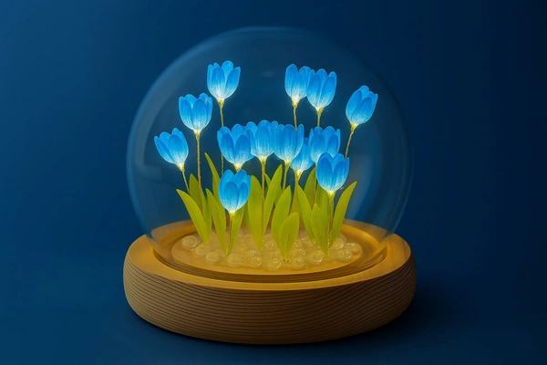 LED Blue Tulip Flower Dome Lamp with Wooden Base