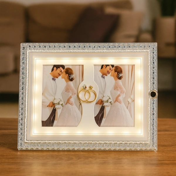 LED Crystal Wedding Photo Frame with Dual Slots & Golden Rings