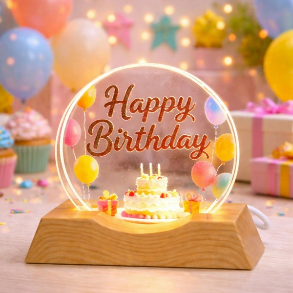 LED Happy Birthday Acrylic Night Lamp with Wooden Base