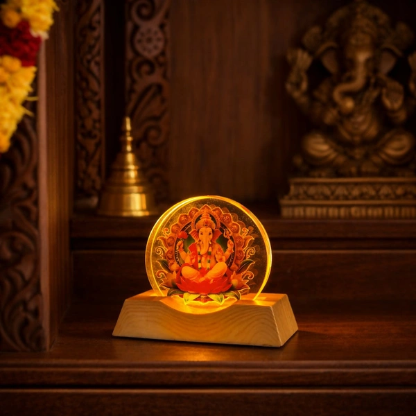 LED Lord Ganesha Acrylic Lamp with Wooden Base Spiritual Decor