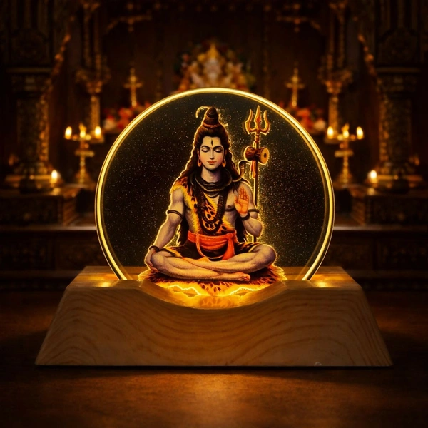 LED Lord Shiva Acrylic Lamp with Wooden Base | Spiritual Decor