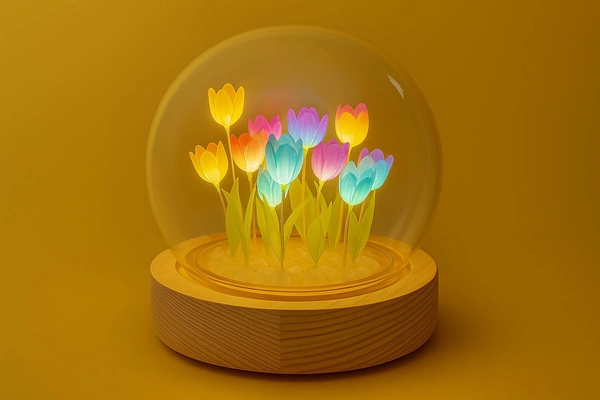 LED Multicolor Tulip Flower Dome Light with Glass Cover & Wood Base