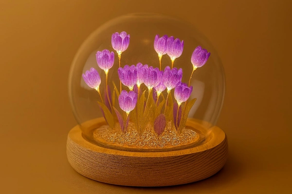 LED Purple Tulip Dome Lamp with Wooden Base for Home Decor
