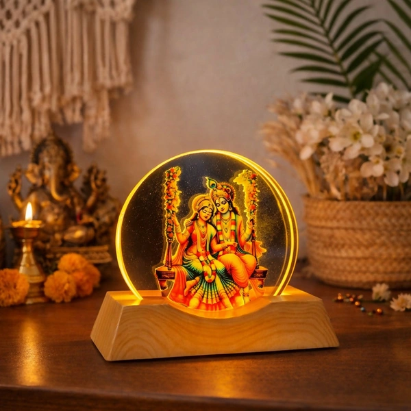 LED Radha Krishna Acrylic Night Lamp with Wooden Base