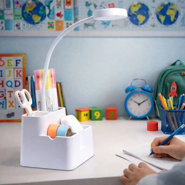 LED Study Desk Lamp with Organizer, 3 Color Modes & Adjustable Arm